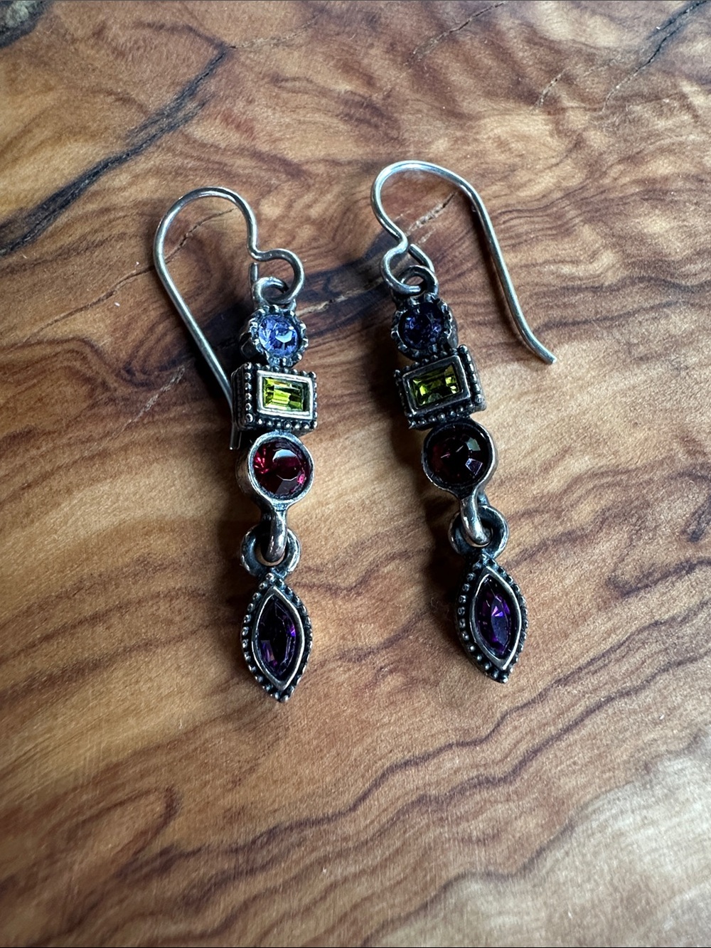 Multi-Stone Silver Dangle Earrings - Purple, Green, Red Patricia Locke
